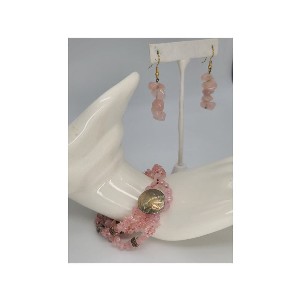 Indian Head Nickel Rose Quartz Triple Strand Bracelet & Pierce Dangle Earrings